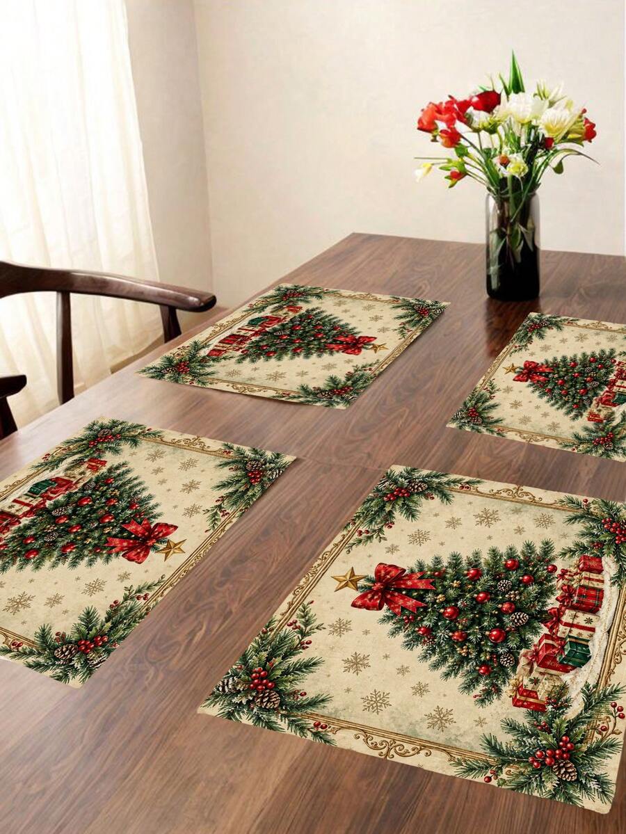 2/4/6 Pcs Christmas Tree Letter Solid Printed Placemats Vintage Polyester Rectangular Heat Resistant Table Mats For Christmas Dining Table Decor - Apricot - View 1