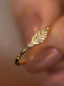 1pc 18K Gold Plated Luxury Round Cut White Gemstone Ring, Leaf Embossed Ring, Bark Texture Ring, Exquisite Holiday Party Gift For Women - Yellow Gold - View 4