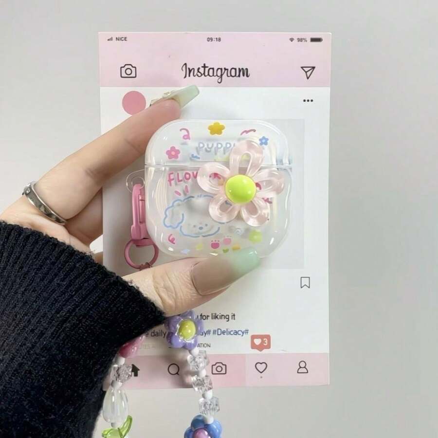 Cartoon Doodle Puppy 3D Flower Bluetooth Earphone Protective Case Compatible With AirPods 1/2/3/4/New 5th Gen Pro 1/2/3/4 All Models With Pendant - Clear - View 1