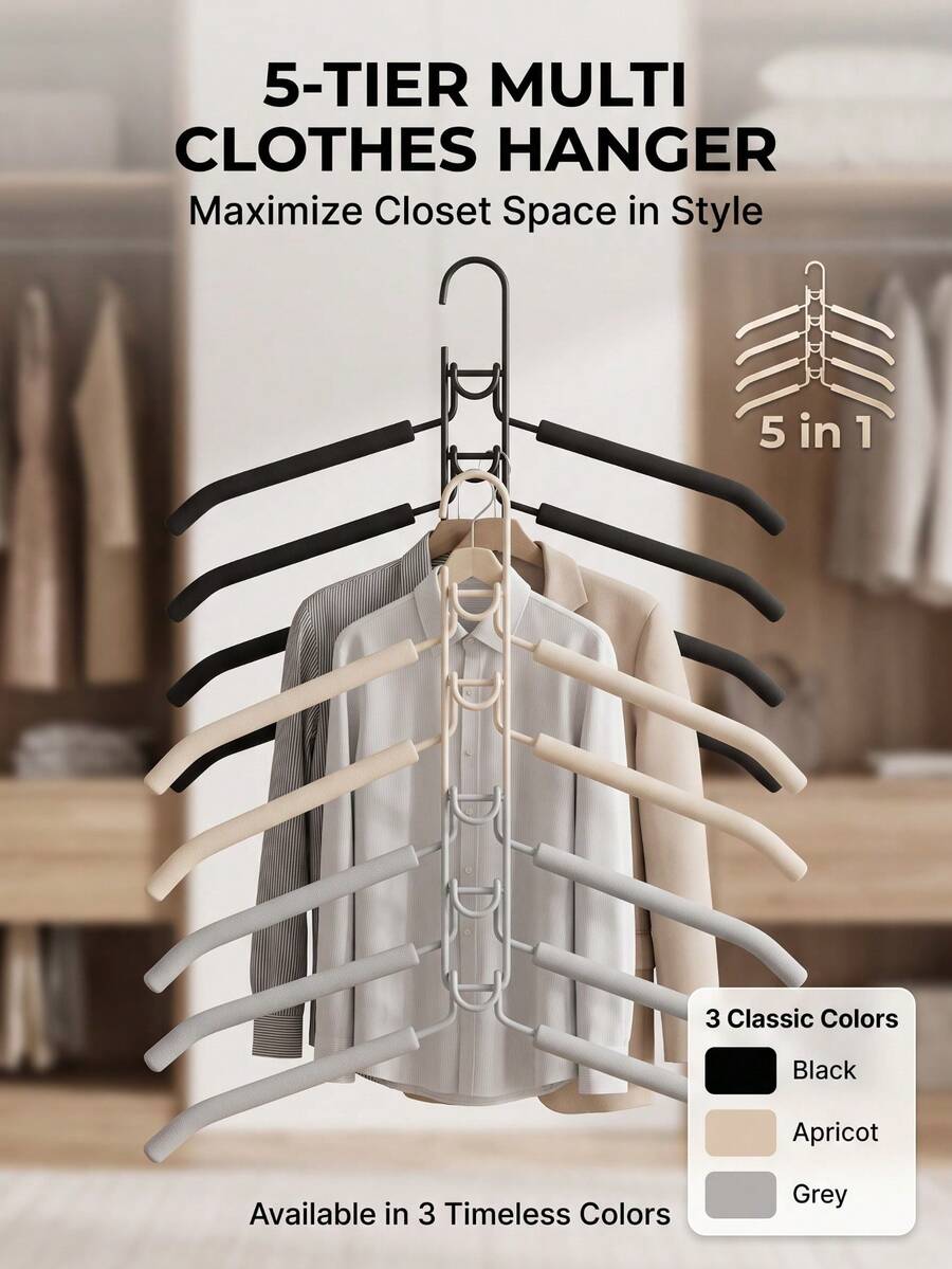 10/5/2/1pc Metal Thickened Space-Saving Hangers, 5-In-1 Multi-Layer Design With Non-Slip Foam Pads, Suitable For Coats, Sweaters, Suits And T-Shirts (Black, Grey, Apricot)