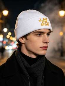 Men's "I Am A Star" Letter & Star Embroidered Ribbed Knit Beanie, Warm Winter Brimless Cap - A - View 3