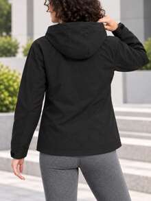 Women's Casual Hooded Jacket With Zippered Pockets Adjustable Hood Stand Collar Zip Front Outdoor Outerwear. - Black - View 9