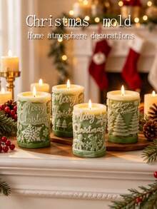 Christmas Embossed Cylinder Scented Candle Silicone Mold With Gingerbread Man, Snowflake, Christmas Tree Designs, Soft Silicone Material Easy To Demold, For Making Scented Candles, Plaster Ornaments, Handmade Soap, Christmas Home Decor, Holiday Gifts - Christmas Cylinder Mold - View 5