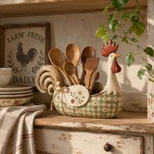 Cross-Border New Farmhouse Rooster Utensil Caddy, Rustic Farm Style Tableware Storage Holder, Decorative Craft Ornament For Kitchen Countertop - Green - View 7