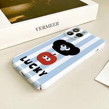 1PC Blue & White Vertical Striped Cartoon Little Black Bear Red Apple LUCKY English Phone Case Compatible With IPhone17/17Pro/17ProMax/16/16Plus/16ProMax/16e/15ProMax/11/12/12Pro/12ProMax/13/13Pro/13ProMax/14/14Pro/14ProMax Cute Childlike Full Coverage Shockproof Protective Shell - Film-fine Hole - View 5