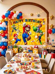MASSDI Happy Birthday Party Backdrop, Bright Yellow Radiant‑Style Game Character Photo Background Cloth With Multi‑Character Prints, HD Vivid Color Printing, Wrinkle‑Resistant Polyester Fabric, Foldable, Reusable And Easy To Hang - Multiple Styles - View 6