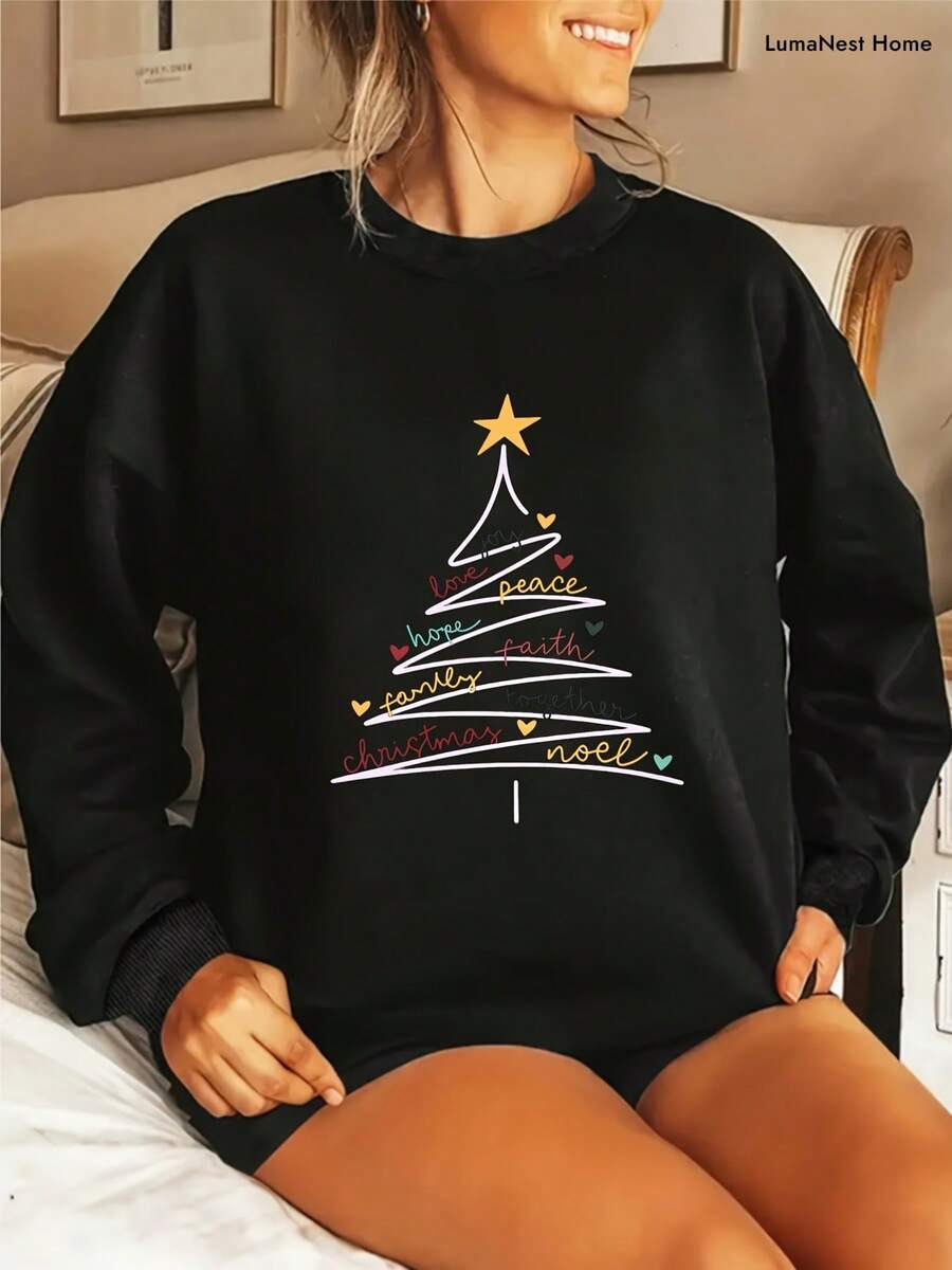 Christmas Tree-Themed Text Art Design, Women's Regular-Fit Crewneck ...