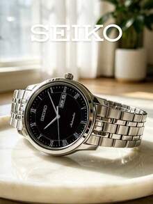 Seiko Men's Automatic Mechanical Watch With Black Dial, Roman Numerals, Day And Date Display, Self-Winding, Formal Steel Band, Suitable For Office, Party, Wedding, Gift For Father And Friends - Silver - View 5