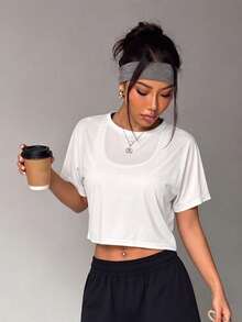 1pc Women's Summer Standard Size Back Cross Hollow Out Crop Top Versatile All-Match Casual Sports T-Shirt - White - View 2