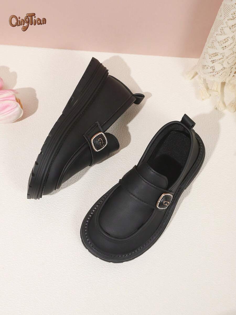 1 Pair Black Girls' Rhinestone Square Buckle Decor PU Material Round Toe Low-Top Slip-On Thick Sole British Style Loafers, Suitable For School, Daily Outings, 2026 New Style - Black - View 1
