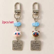 1pc/2pcs Unisex Cute Cartoon Cat Head Resin Pendant, Blue Fish Bead Accessory, English Letter Pendant Keychain, Couple Bag Charm, Luggage Accessory - Multicolor - View 4