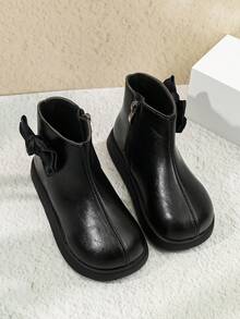1 Pasang Sepatu Bot Chelsea Anak Perempuan, Bahan PU Lembut + Dekorasi Pita Kain, Sol Karet Datar Anti Selip Ujung Bulat, Desain Resleting Dalam, Sepatu Bot Gaya Retro Klasik Minimalis, Cocok Untuk Sehari-hari, Sekolah, dan Aktivitas Luar Ruangan - Hitam - View 5