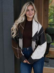 Atasan Sweater Rajut Kasual Motif Kotak-kotak Longgar Musim Gugur/Dingin - Coklat - View 2