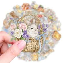 somoving 50pcs Watercolor Warm Morning PET Stickers, Transparent Warm Color Breakfast Floral Animal Stickers, Rabbit Bear Duck Cat Bread Jam Flower Window Decal Set, Suitable For Planner, Phone Case, Laptop, Scrapbook Aesthetic Decoration - Multicolor - View 3