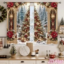 2D Flat Print 2Pcs Christmas Scene Curtains, Holiday Winter Wonderland Snowy Tree Pattern Blackout Curtains For Living Room Bedroom Window Decoration, Holiday Home Decor, Country Farm Style Curtains Privacy Protection Easy To Clean - B - View 3