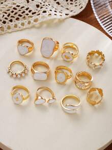 12pcs Fashion Minimalist Elegant Flower & Heart Oil Drop Ring Set For Women, Suitable For Vacation, Date, Party, Ball, Banquet, Holiday, Birthday Gift, Daily Wear - Yellow Gold - View 4