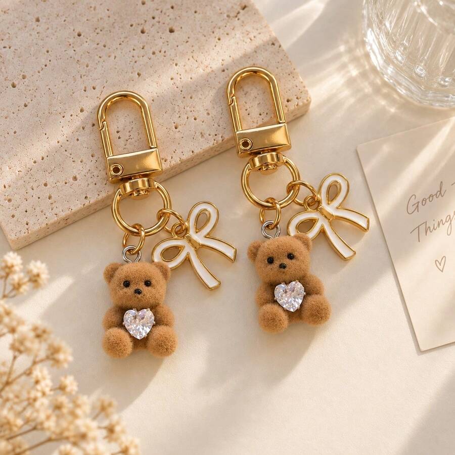 1pc/2pcs Women's Cartoon Flocked Inlaid Heart Bear Pendant, Alloy Bowknot Bag Charm, Cute Style Bag Accessory, Wallet Decoration - Multicolor - View 1