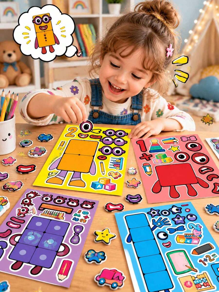 MASSDI 8 Sheets Math Building Blocks Children's Toy Stickers, Classroom Educational Interactive Toys, Number & Creature Building Block Face Stickers, Halloween Party Supplies, Christmas Season, Children's Birthday Gifts, Gift Bag Fillers, DIY Craft Activity Decoration Set - Multicolor - View 1