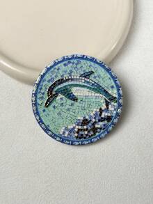 1pc Ocean Landscape Animal Fish Turtle Dolphin Seal Pattern Mosaic Art Style Gold Foil Embossed Ceramic Refrigerator Magnet, Suitable For Home Decor, Refrigerator, Daily Use And Holiday Birthday Gift, Mediterranean Cultural Creative - Round Ocean Landscape Design - View 11