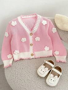 Autumn/Winter New Baby Girls' Clothing, Exquisite Handmade 3D Floral Sweater Jacket, Gentle Elegant V-Neck Knit Cardigan - Pink - View 4