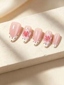 24pcs Long Almond Shape Press-On Nails, 3D Gel Flower And Polka Dot ...