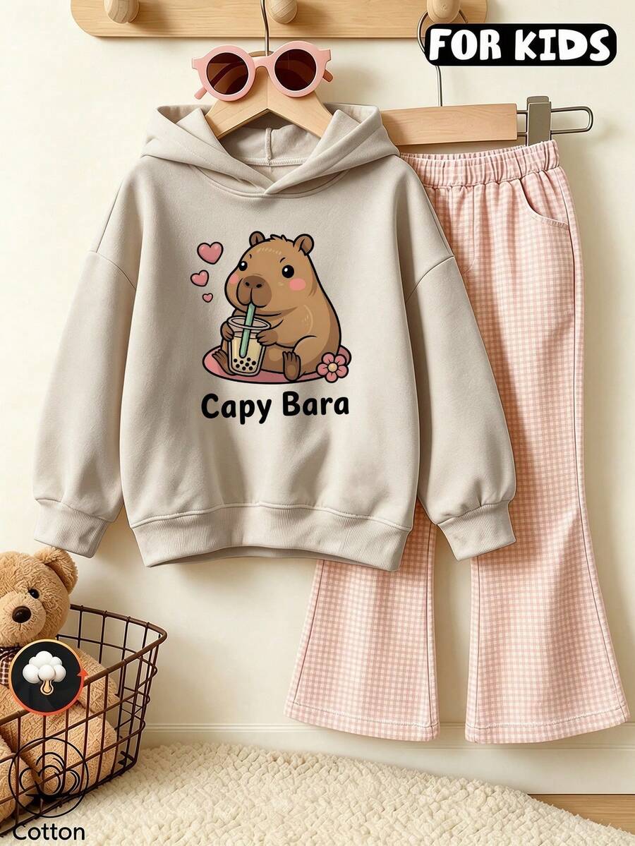 Girls' Cartoon Capybara Hooded Sweatshirt, Casual Long Sleeve Pullover - Apricot - View 1