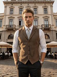 New Men's Herringbone Suit Vest, Retro Lapel Chain Decorated Waistcoat - Coffee Brown - View 2