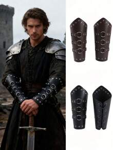 1 Pair Medieval Leather Bracers, Unisex Vintage PU Leather, Viking Warrior Armor Rivet Buckle Design, Halloween LARP Cosplay Props - Multicolor - View 1