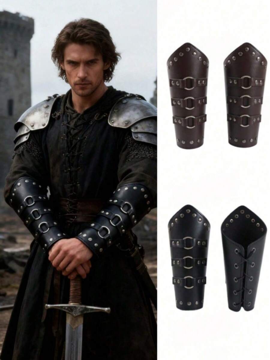 1 Pair Medieval Leather Bracers, Unisex Vintage PU Leather, Viking Warrior Armor Rivet Buckle Design, Halloween LARP Cosplay Props - Multicolor - View 1