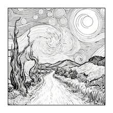 Countryside Adult Coloring Book, Relaxing Rural Cottage Landscape Coloring Pages, Stress Relief Hobby Gift - Yellow Van Gogh - View 4