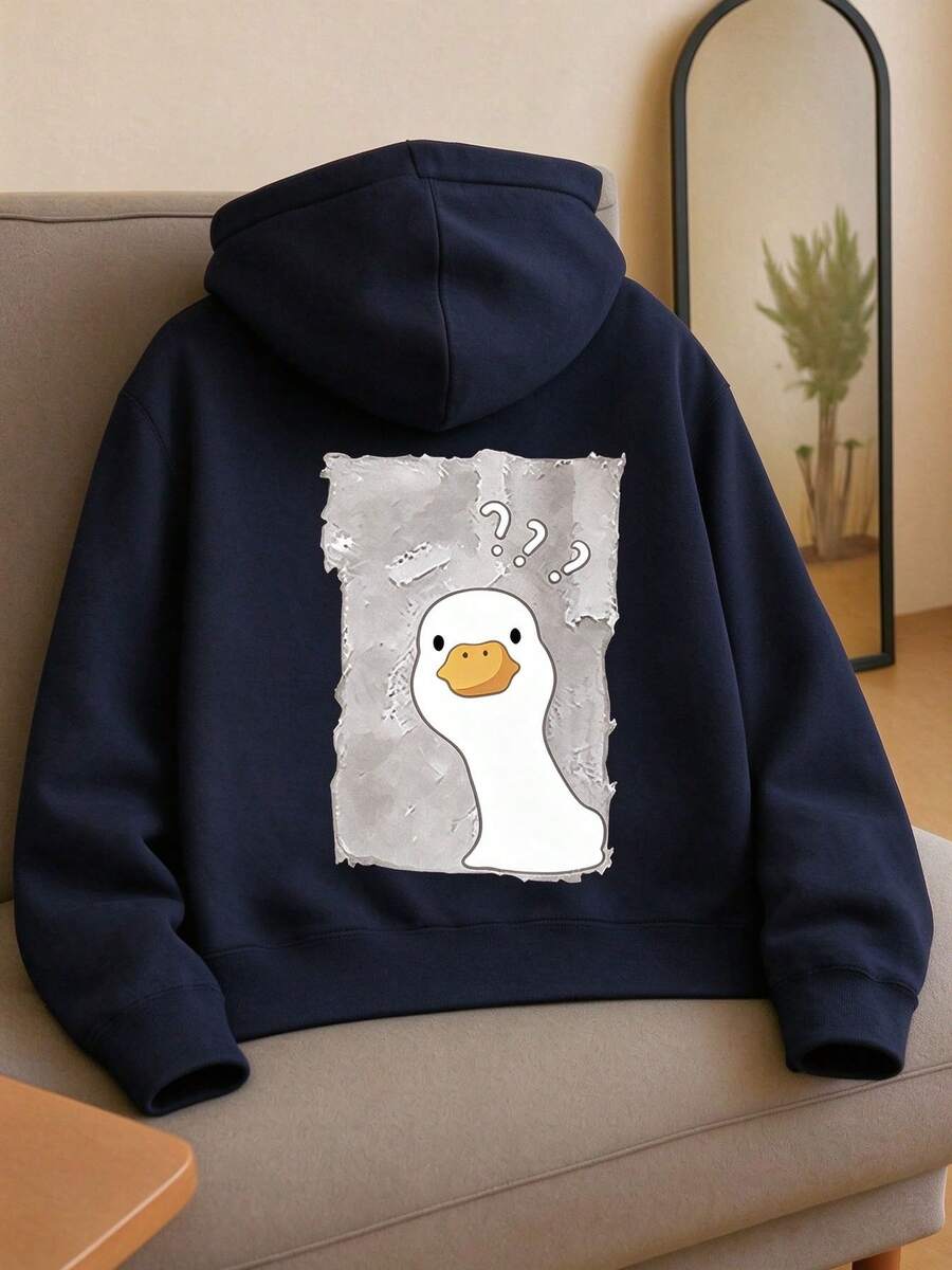 Women's Loose Kangaroo Pocket Sweatshirt, Cute Cartoon Duck Print Front And Back, Long Sleeve Casual Pullover, Autumn Style