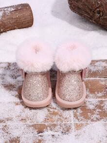 Toddler Girls Glitter Snow Boots, Cute Bow & Rhinestone Decor Fuzzy Collar Warm Fleece Lining Winter Short Princess Ankle Boots, Soft Sole - Pink - View 5