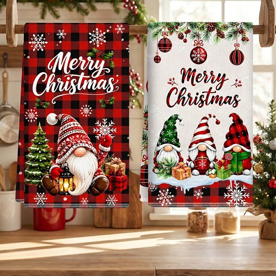 2pcs/Set, 18x26in Christmas Berry & Flower Pattern Towel Set, Quick Dry Kitchen Cleaning Cloth, Soft Absorbent Towel Set, Kitchen Decor, Home Decor, Christmas Decoration, Christmas Gift For Friends - Red and White - View 1