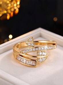 1pc Women's Luxury Style Double Heart Intertwined Ring, Embedded With Sparkling Multi-Faceted Cut Cubic Zirconia, Versatile For Daily Commute, Gift Accessory - Ring - View 4