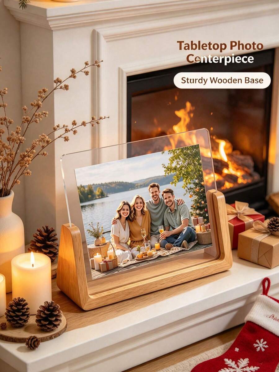 Custom Acrylic Photo Frame, Personalized Wooden Base Calendar Stand U-Shaped Postcard Desktop Wooden Base, Suitable For Anniversary, Birthday, Christmas, Modern Minimalist Office Desktop Decor, Multi-Purpose Photo Display, 2D Flat - Multicolor - View 1
