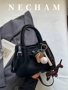 1件小眾設計帶扣手提包，拼色女款斜挎包，布料與PU材質，適合上班、購物、約會、旅行（不含吊飾） - 黑色 - 查看 5