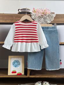 Baby Girl Sweet Cherry Theme 2-Piece Set: Red & White Striped Crochet Cherry Vest With Ruffle Trim Long Sleeve 2-In-1 Top + Frayed Straight Leg Denim Jeans, With 3D Cherry Decor, Fashionable & Cute Spring/Autumn Outfit - Red - View 4