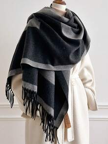 1pc Oversized Letter Jacquard Tassel Warm Scarf 195*65cm, Thick Brushed‑Polyester Faux Cashmere, Fall Winter Multi‑Use As Scarf Shawl For Travel Party - Multicolor - View 9