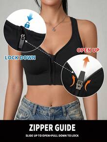 Women's High Intensity Front Zip Seamless Wireless Sports Bra, Suitable For Spring, Summer, Autumn And Winter - Black - View 4