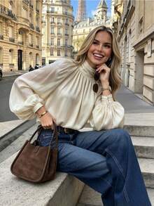Solid Color Half-High Neck Ruched Loose Lantern Sleeve Blouse, French Vintage Elegant, Spring/Autumn, Daily Wear, Commute, Slimming, Draping, Elegant Top - Apricot - View 3