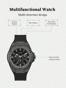 GUESS Men's Quartz Watch GW0208G5, All Black IP Plated Case, Rhinestone Bezel Design, Black Silicone Strap, Multi-Function Three-Eye Dial, Hip-Hop Men's Watch, Perfect Gift Choice - Black - View 5