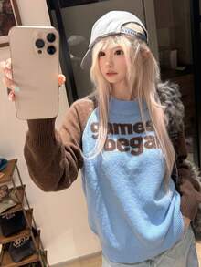 Vintage Blue & Brown Colorblock Raglan Sleeve Letter Jacquard Long Sleeve Knit Sweater Women Autumn/Winter Loose Short Crew Neck Casual Pullover - Blue and Brown - View 1