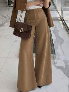 Women's High Waist Corduroy Wide Leg Pants, Single Button Zipper Fly, Square Patch Pockets, Solid Color Casual Long Pants - Khaki - View 7