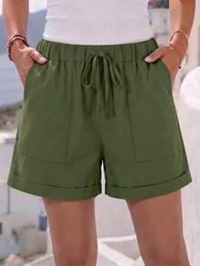 Plus Size Women's Solid Color Casual Pocket Shorts Summer - Army Green - View 2