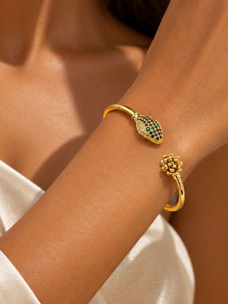 Letingsha 1pc Luxury Gold-Plated Snake & Lotus Open Cuff Bracelet, Black Rhinestone Inlaid Snake Head Women's Bracelet, Suitable For Daily & Party Wear - Yellow Gold - View 1