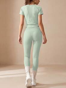 Soyun New Women's Mesh Back Breathable Short Sleeve Yoga Pants Set, Curved Design, Suitable For Outdoor Activities Sports - Mint Green - View 5