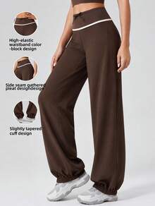 Never me Women's Sports Long Pants Yoga Pilates Loose Tapered Leg Drawstring Waist Design Patchwork Stripe - Dark Brown - View 4