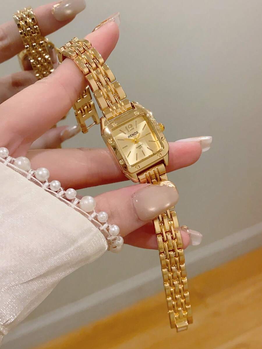 經典金色調方形石英女錶,配金色錶盤與精緻混搭時標,適合日常配戴與社交場合 - 金色 - 查看 1