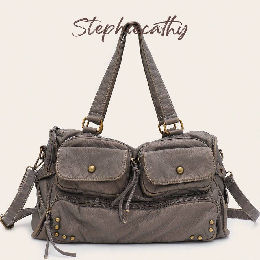 STEPHIECATHY Women's Y2K Cool Street Style Soft Washed PU Leather Shoulder Bag, Color-Rubbing, Rivets, Eyelets, Belt, Long Strap Crossbody Handbag, Functional, Multi-Pocket, Large Capacity Commuter Bag, Fits 13-Inch Laptop, A4 Books, Casual Daily Travel Outing University - Multicolor - View 1