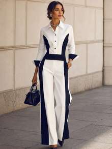 Women's Spring/Autumn Casual Elegant Contrast Color Lapel Long Sleeve Top And Contrast Color Long Pants 2 Pieces Set White - White - View 1